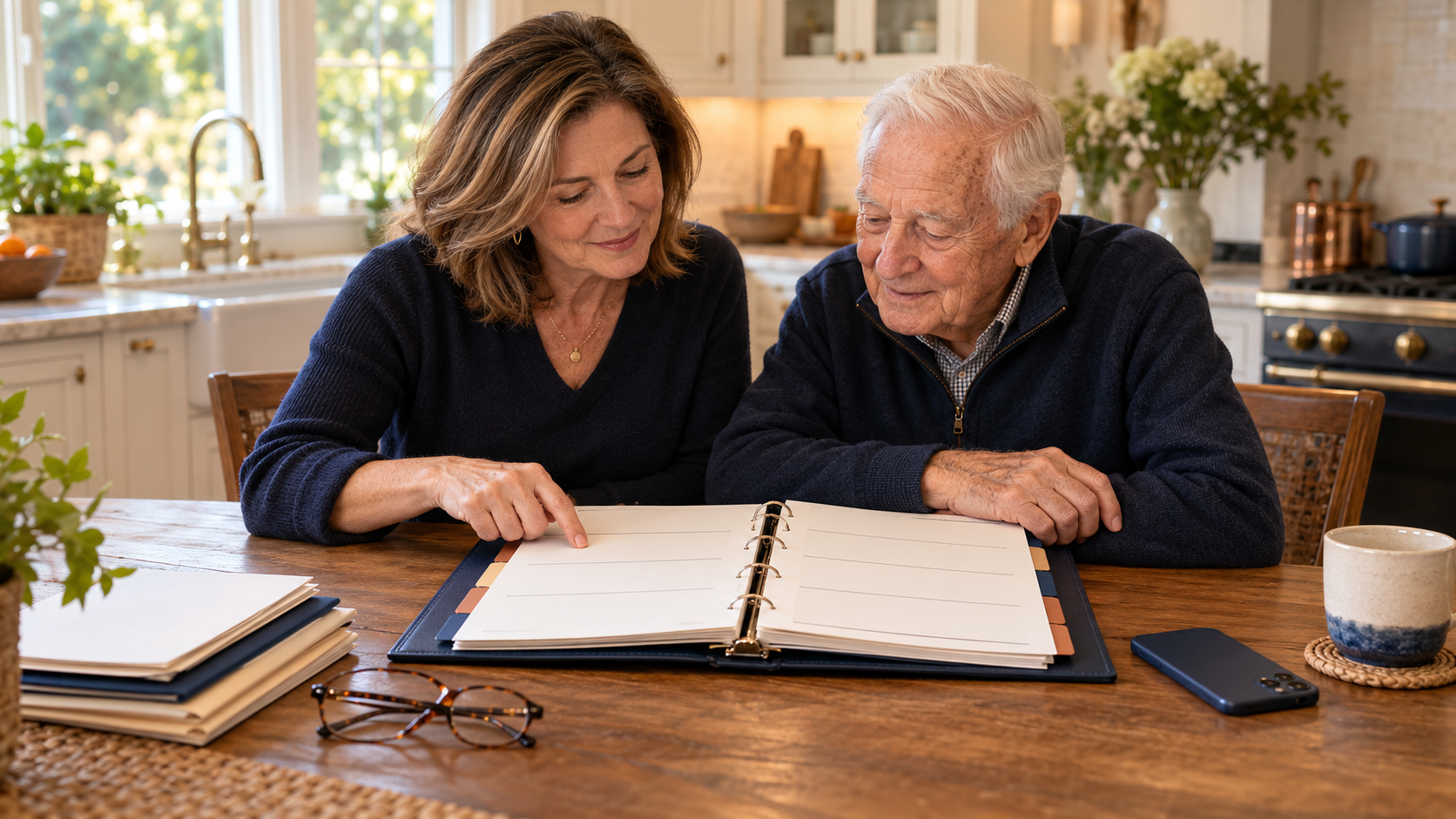 A daughter and her elderly father sitting together at a kitchen table, looking through a tabbed directory binder; the phone rests face-down beside them
